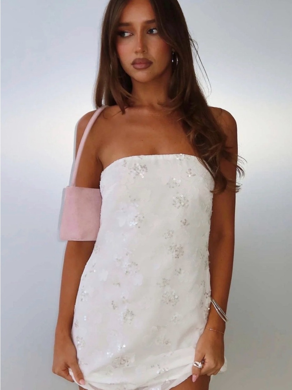 Princess Polly White Strapless Sequin Floral Mini Dress